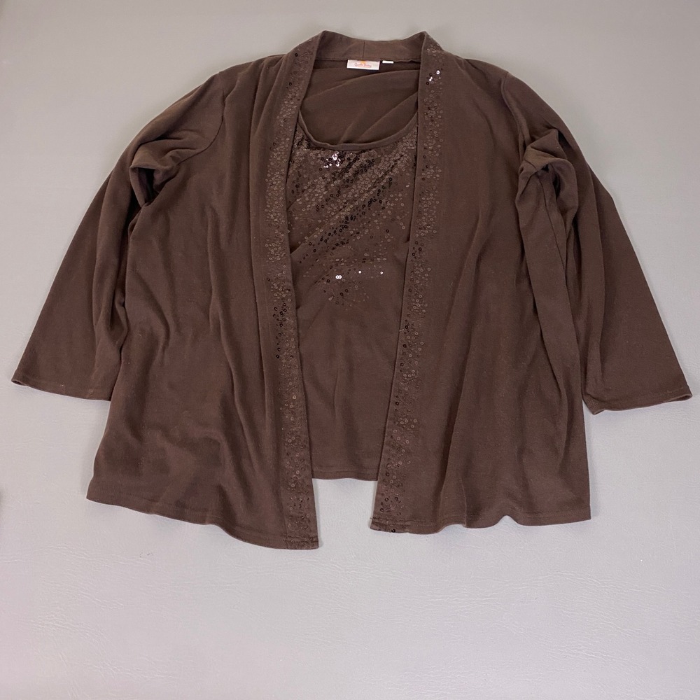 Quacker Factory Cardigan and Tank Twin Set 2PC Women's Size 3X Brown Sequin Trim